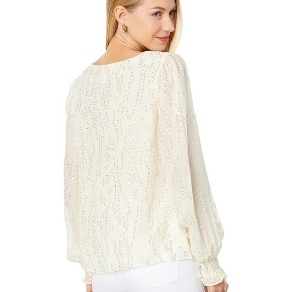 Lilly Pulitzer Idina Long Sleeve Silk Top Womens Sz XL Metallic Luxury Old Money - Picture 3 of 12